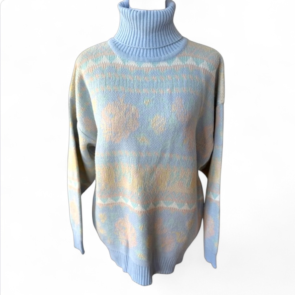 Objectives Pastel Light Blue Rose Print Intarsia Turtleneck Sweater 80s 90s Sz L